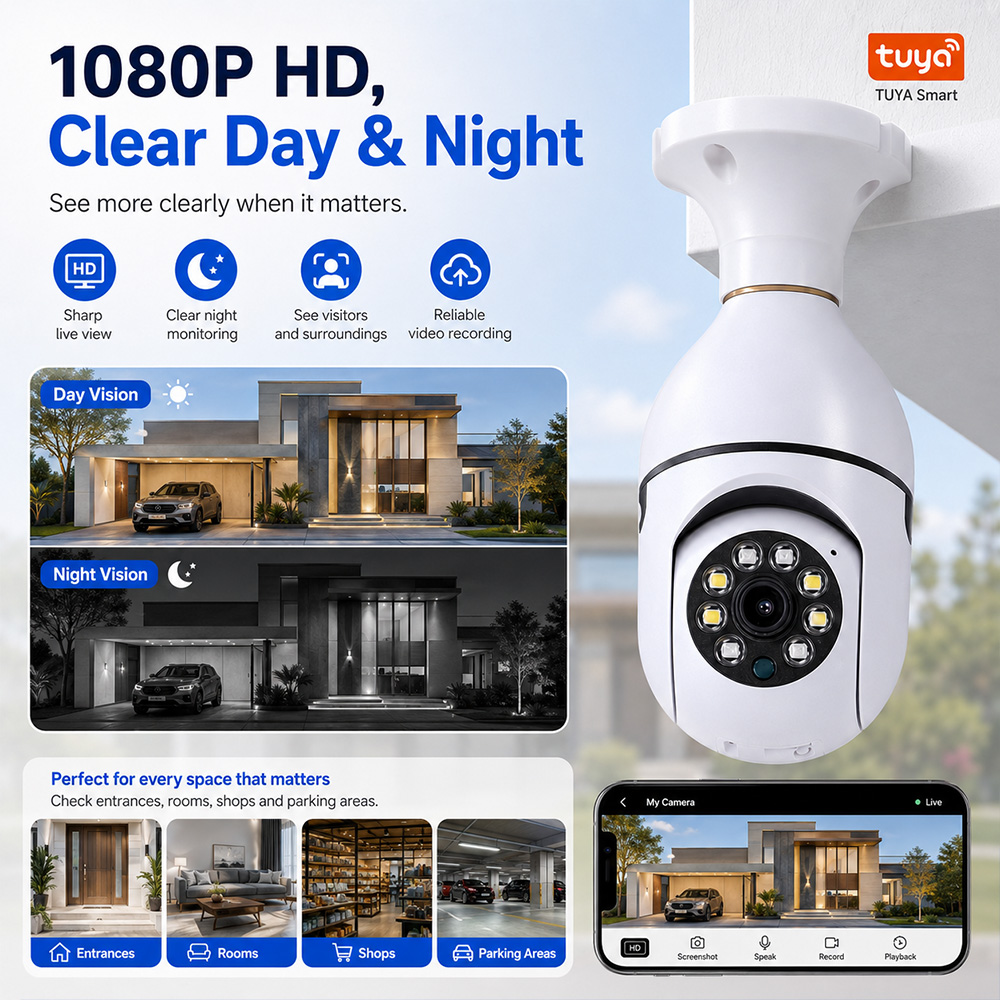 Webcam Hd 1080P - Cámara Bombilla Tuya Inalámbrica con Luz,