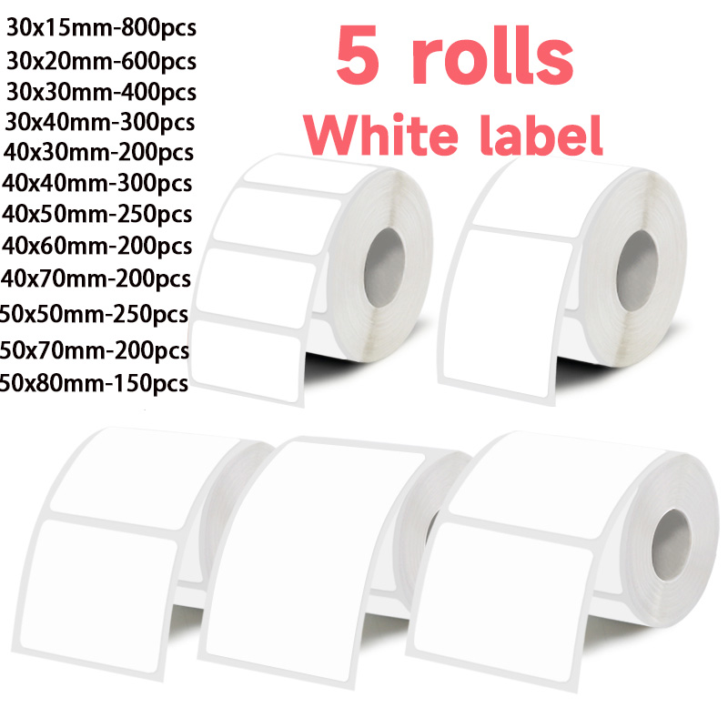Label Maker Machine - 5 rollos de etiquetas adhesivas blancas,